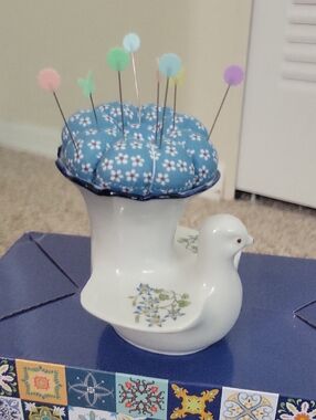 Blue Floral Pin Cushion VINTAGE Dove Holder